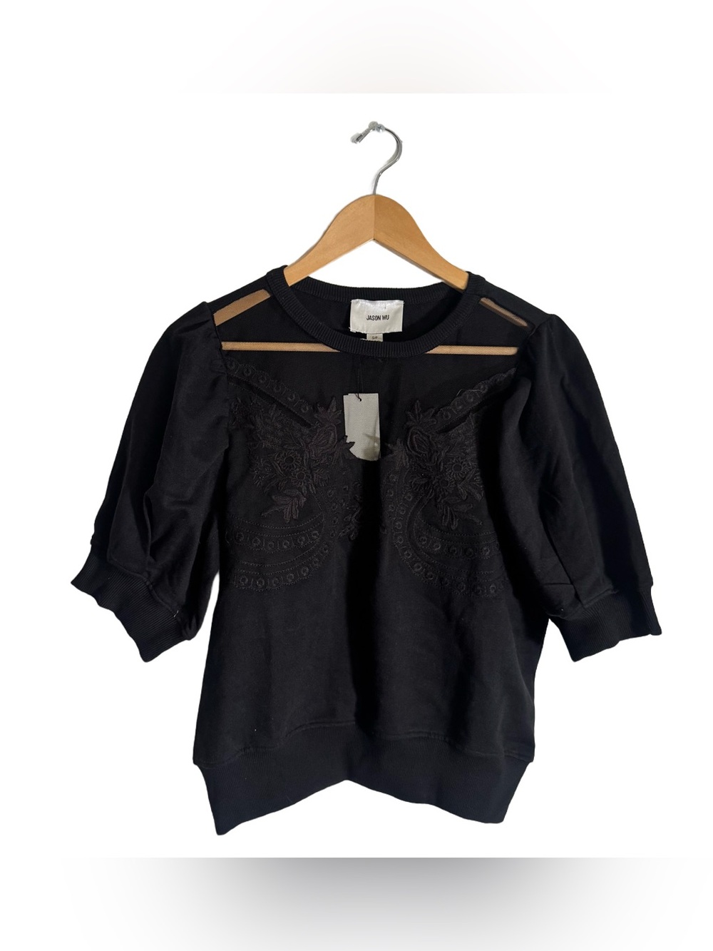 Jason Wu Edit Puff Sleeve Top Women's Small Sheer Embroidery Black Casual NWT - Picture 2 of 6